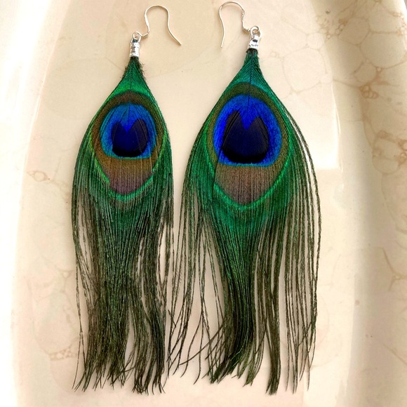 Peacock Feather Earrings - Picture 2 of 6